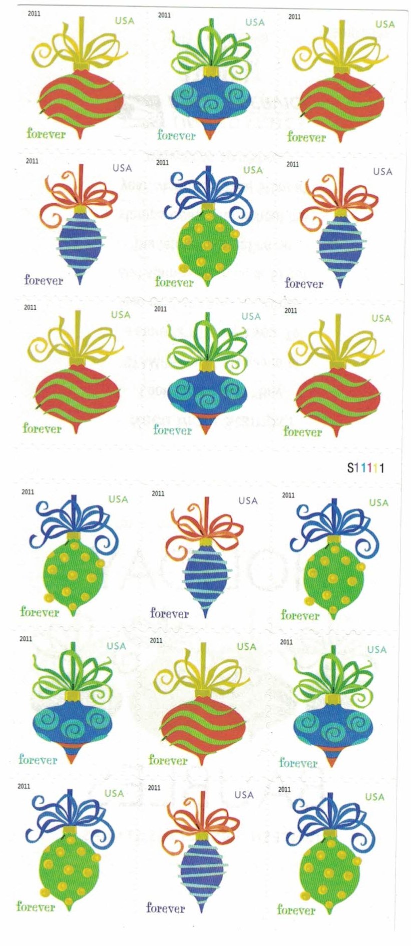 2011 US Holiday Baubles Forever Stamps Booklet of 20
