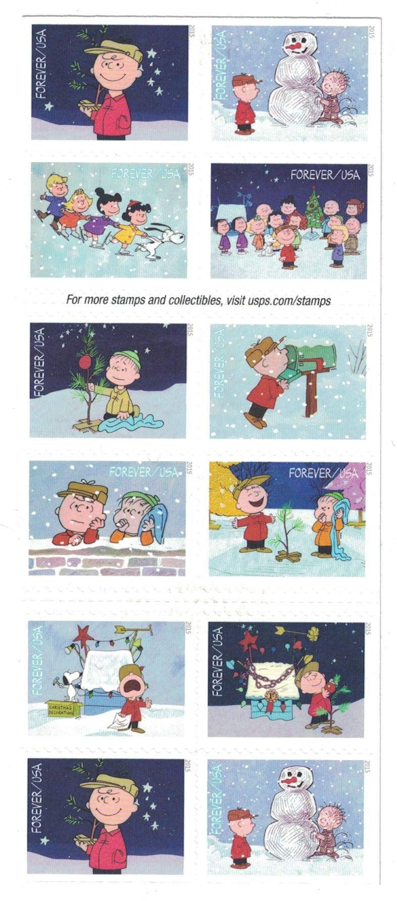 2015 US Charlie Brown Xmas Pane of 20 Forever Postage Stamps