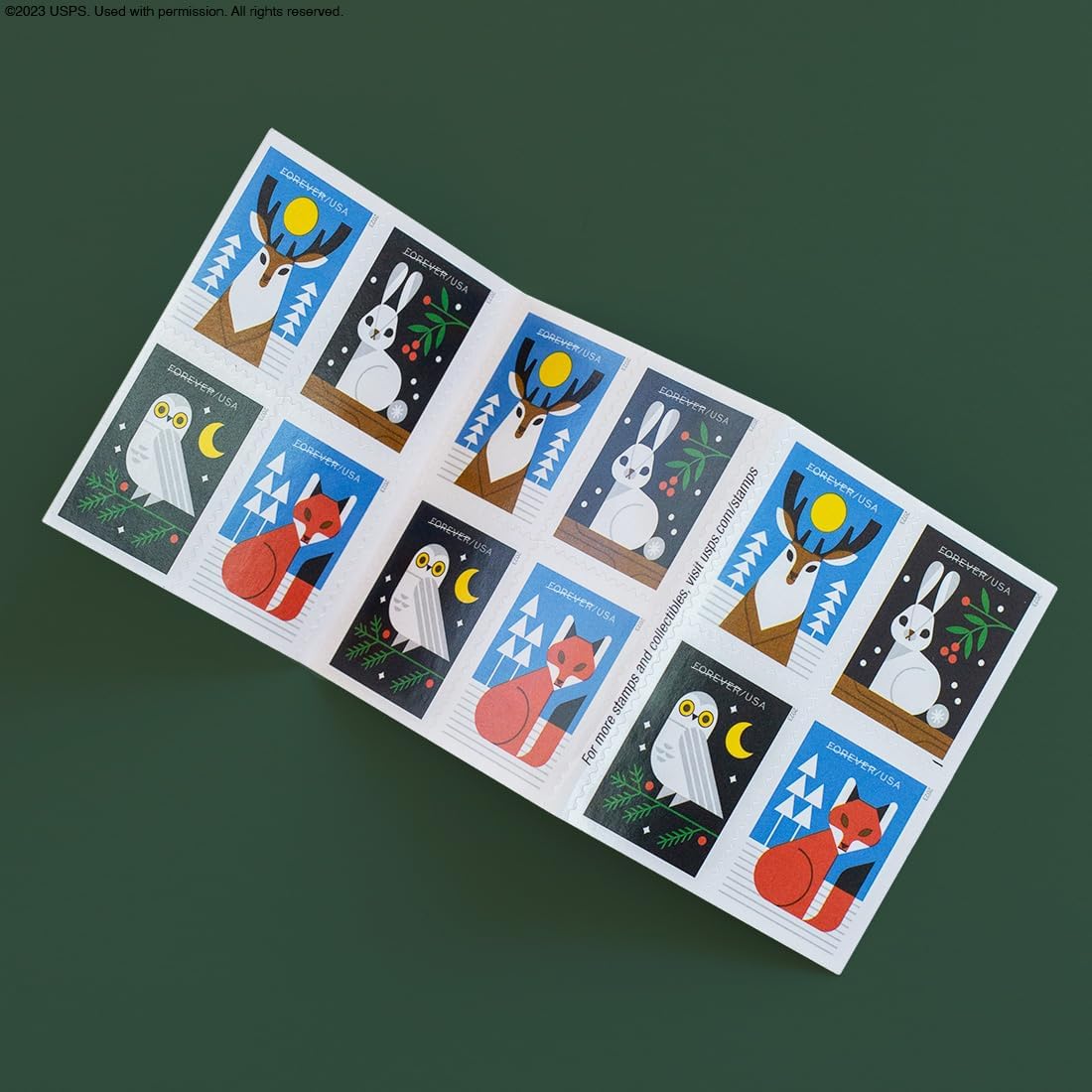 2023 Winter Woodland Animals Forever Postage Stamps (a Deer. Fox. Rabbit. and Owl
