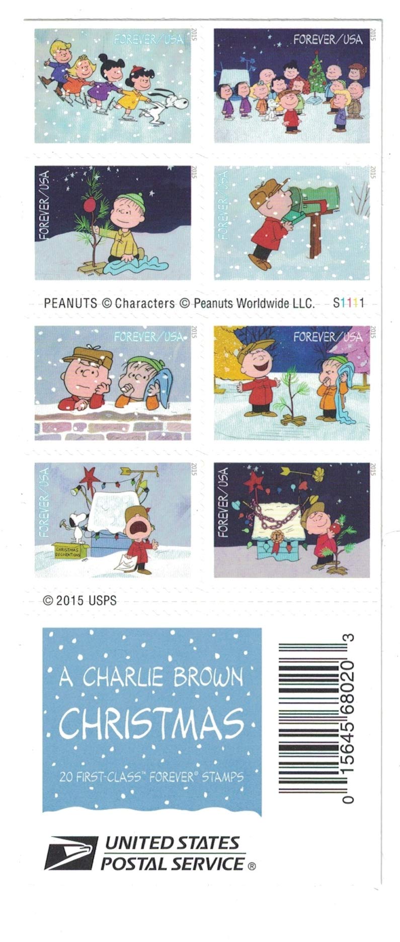 2015 US Charlie Brown Xmas Pane of 20 Forever Postage Stamps